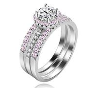 Uloveido Platinum Plated White & Pink Cubic Zirconia Stones 3 Pcs Wedding Engagement Eternity Bridal Ring Set for Women Y579 (Size O)