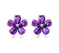 Uloveido Purple Amethyst Flower Studs Earrings for Women,925 Sterling Silver Purple Crystal Earrings Studs for Girls February Birthstone Gift CR003 (Purple)
