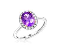 Uloveido Purple Crystal Halo Ring - Adjustable 925 Sterling Silver Oval Birthstone Solitaire Engagement Ring - Sparkling Gemstone Jewelry with Gift Box for Women’s Wedding or Proposal YA5597