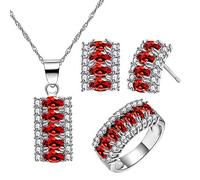 Uloveido Red Cubic Zirconia Necklace/Stud Earrings/Ring Rhinestone Crystal Party Jewellery Set for Engagement Wedding T502 (Red,Size S)