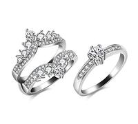 Uloveido Rhodium Plated Crown Wedding Rings Guard Enhancer for Cubic Zirconia Solitaire Heart Anniversary Ring Set (Size T)
