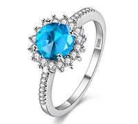 Uloveido Rhodium Plated Simulated Blue Topaz Birthstone Ring, Solitaire Accent Engagement Rings for Women Y3522 (Blue, Size S)