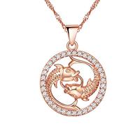 Uloveido Rose Gold Plated Girls Pisces Zodiac Necklace Pendant with Round Cubic Zirconia Stones for Women Birthday Necklace Gift N1047