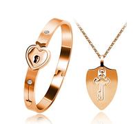 Uloveido Shield Key Necklace and Heart Lock Bracelet for Couples Jewelry Set You Hold The Key to My Heart Rose Gold Color Bracelet Necklace Set for Men and Women Y473