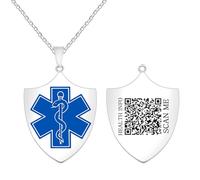 Uloveido Shield Medical Alert ID Necklace with Dynamic QR Code, Stainless Steel Emergency Pendant, Scan to Update Health Info, No Engraving Required, Red or Blue Medical Symbol, 45 cm, Metal, No