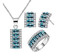 Uloveido Silver Color Crystal Necklace Stud Earrings and Wedding Band Ring Set Zircon Costume Jewellery Set for Women Girls T502 (Light Blue,Size S)