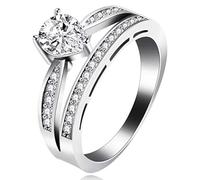 Uloveido Silver Color Pear Cut Cubic Zirconia CZ Halo Promise Split Shank Ring Lab Created Diamond Tear Drop Ring Wedding Engagement (Size 9) Y457