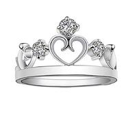 Uloveido Silver Plated Cubic Zirconia Princess Heart Crown Tiara CZ Band Ring Wedding Simulated Lab Diamond Engagement Jewelry for Women Size 5 J412