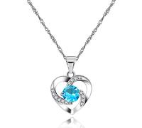 Uloveido Silver Tone Blue CZ Cubic Zirconia Heart Necklace Birthstone Pendant Necklaces Birthday Gifts for Women Mom Y896 (Blue)