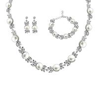 Uloveido Simulated Pearl Necklace Bracelet and Stud Drop Earrings Set, Platinum Plated Candy Design Wedding Bridal Set for Women Bridesmaid Jewelry CA229