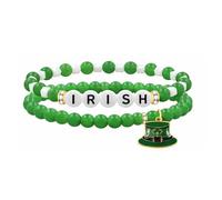 Uloveido St Patricks Day Green Beaded Bracelet for Women, LUCKY IRISH BLESS Letter Options, Stretch Shamrock Leprechaun Hat Charm Bracelet, Irish Lucky Jewelry Gift, 1, Stone, no gemstone