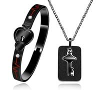 Uloveido Stainless Double Heart Infinity Love Lock Bangle Heartbeat Bracelet and Shield Key Pendant Necklace Couple Set for Men Women Y1891-Black