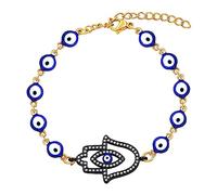 Uloveido Stainless Steel Evil Eye Chain Bracelets Hamsa Hand Fatima Cubic Zirconia Charm Bracelets Blue Eye Adjustable Amulet Protection Bracelet for Women (Y3981-gold blue)