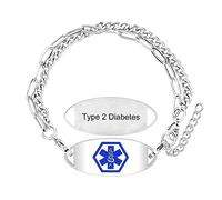 Uloveido Type 2 Diabetes Medical Alert Bracelet 2 Layers Link Chain, Stainless Steel Medical Alert Bracelet Adjustable Y3979