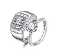 Uloveido White Gold Plated Zircon Diamond Wedding Bands Engagement Ring Set for Him and Her Cubic Zirconia Solitaire Halo Rings Promise Y851-Silver