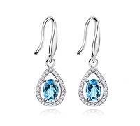 Uloveido Women 925 Sterling Silver Real Oval Blue Topaz Teardrop Dangle Earrings Wedding Birthstone Waterdrop Hook Earrings for Girlfriend (Blue) FR027