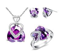 Uloveido Women Created Amethyst February Birthstone Necklace Stud Drop Piercing Earrings and Purple Solitaire Promise Ring Love Heart Bridal Jewelry Set for Her Bride (Purple, Size 6) T086