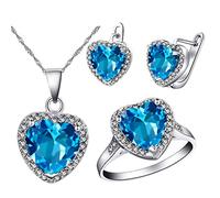 Uloveido Women Fashion Heart Jewellery Set for Wedding Engagement Anniversary Love Heart Ring Necklace and Earrings Jewellery Set for Women Girls with Blue Crystal T481