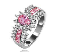 Uloveido Women Silver Color Oval Cut Big Pink Cubic Zirconia Ring Wedding Engagement Band Fashion Jewelry Gifts for Her (Size 6, Pink) J558
