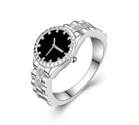 Uloveido Women Silver Color Watch Design Rings Female Black Dial Rings with Cubic Zirconia Valentine's Gifts for Girl-Friend Women Size L HR311-6