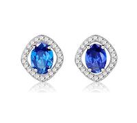 Uloveido Womens 925 Sterling Silver 1ct Oval Cut Created Blue Sapphire Hollow Square Geometric September Birthstone Stud Drop Earrings Platinum Plated (Blue, 1.8g) FR036