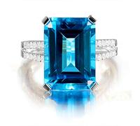 Uloveido Women's Blue Cubic Zirconia Emerald Cut Solitaire Halo Ring Split Shank Wedding Bridal Rings Promise for Her Girlfriend Y925 (Size 10)