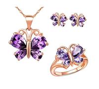 Uloveido Women's Butterfly Shape Simulated Purple Topaz Silver Color Chain Necklace Studs Clip On Earrings Halo Cocktail Ring Wedding Jewelry Set for Girls T234