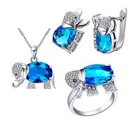 Uloveido Women's Elephant Shape Simulated Blue Birthstone Topaz Silver Color Chain Necklace Studs Clip On Earrings Halo Cocktail Ring Wedding Jewellery Set for Girls T485