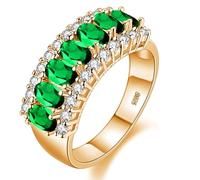 Uloveido Women's Gold Plated Green Cubic Zirconia Wedding Band Oval Cut 7 Stone CZ Zircon Mother Rings J501 (Gold, Green, Size N 1/2)
