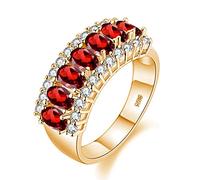 Uloveido Women's Gold Plated Oval Cut Red Cubic Zirconia 7 Stone Wedding Band,Simulated Garnet Birthstone Ring J501 (Red, Size N 1/2)