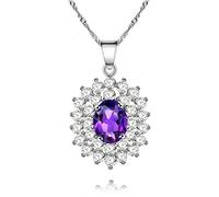 Uloveido Women's Natural Purple Amethyst Gemston Halo Kate Middleton's Princess Diana Engagement Pendant Necklace 925 Sterling Silver Chain (0.8ct, Gift Box Packing) CN002 (Purple)