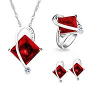 Uloveido Women's Platinum Plated Created Square Ruby Pendant Necklace Clip on Earrings Halo Rings Wedding Jewelry Set (Red, Size J) T295