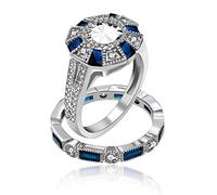 Uloveido Women's Platinum Plated Rectangle Cut Blue Cubic Zirconia 2 Pcs Engagement Wedding Band Stacking Rings Set for Men and Women(Size L) RJ497