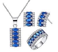 Uloveido Women's Royal Blue Cubic Zirconia Stud Earrings/ 5 Stone Necklace/ 7 Stone Eternity Ring/Wedding Engagement Crystal Jewelry Set Platinum Plated (Size L) T502-Darkblue-6