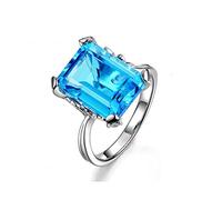 Uloveido Women's Silver Color Big Emerald Cut Blue CZ Zircon Ring Large Statement Crystal Wedding Engagement Promise Fashion Bridal Rings Jewelry for Girl-Friend Size Q RJ292