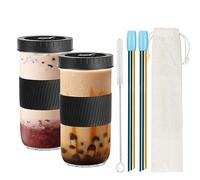 Ulrikco 2 Pack Reusable Boba Cup Bubble Tea Cups, 730ml/24oz Drinking Glasses Cups with Lids and Straw, Smoothie Tumbler Cups, Travel Glass Tumbler Mason Jar for Ice Tea Coffee Drinks