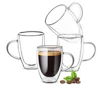 Ulrikco 350ml/12oz Double Walled Borosilicate Glass Coffee Mugs with Handle, Clear Coffee Cups Set of 4, Insulated Drinking Glass Cup for Latte, Cappuccino, Espresso, Hot/Cold Drink