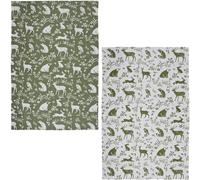 Ulster Weavers - Woodland Animals Tea Towels 2 Packs (74 x 48cm) - 100% Cotton - 2 Colours - Sage Green Dish Cloths/Dish Towel with Forest Animals (Fox, Owl, Deer & Hare) - Kitchen Accessories & Decor