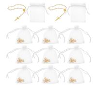 ULTECHNOVO 12 Sets Mini Gold Tone Rosary Bracelets with White Beads 7X9Cm Religious Catholic Cross Prayer Beaded Bracelets for Baptism Communion Wedding Party