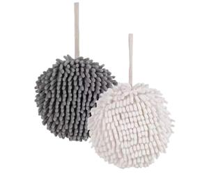 ULTECHNOVO 2pcs Chenille Hand Towels with Hanging Lanyard, Soft Absorbent Hand Drying Balls for Bathroom and Kitchen, White and Grey Microfiber Towels for Home Use