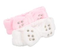 ULTECHNOVO 2pcs Diamond Rhinestone Butterfly Bow Makeup Headbands for Face Washing and Spa Elastic Non-slip Hairbands for Women Soft Plush Fabric Pink White