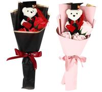 ULTECHNOVO 2pcs Graduation Scented Soap Flower Bouquet with Stuffed Bear Dolls, Red and Light Pink Decorative Soap Flowers for Graduation and Photo Props