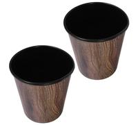 ULTECHNOVO 2pcs L round Plastic Garbage Container Bin with Vintage Wood Look for Dorm or Kitchen Space-saving without Lid