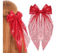 ULTECHNOVO 2pcs Red Sequin Glitter Bow Hair Clips for Women, Sparkly Hair Accessories for Valentine’s Day, Cheerleader Headwear, Large Decorative Barrettes