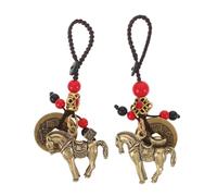 ULTECHNOVO 2Pcs Solid Brass Horse Keychain with Ancient Chinese Coins Feng Shui Good Luck Charm for Success and Wealth Vintage Animal Key Ring Pendant for Car Bag and Gift