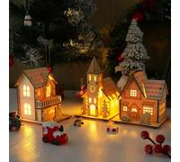 ULTECHNOVO 3Pcs Light Up Wooden Christmas Village Houses, LED Nativity Scene Decorations for Tabletop & Mantelpiece Decor