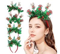 ULTECHNOVO 4 Pcs Christmas Headband Cute Christmas Hat Snowflake Hair Bands Glitter Green Tassel Head Bopper Sparkle Tree Hair Hoop for Women Girls Xmas Holiday New Year Party Headwear Access
