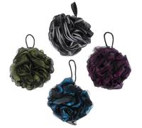 ULTECHNOVO 4pcs Bathing Bubble Making Balls Shower Loofahs Bath Sponge Exfoliating Body Scrubbers with Mesh for Home Bathroom Use, Black with White, Green, Blue, Purple Edge, 60g Each