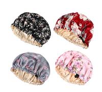 ULTECHNOVO 4pcs Satin Sleep Hat Adjustable Printed Double-layer Shower Cap Hair Care Bonnet Set for Women with Hidden Flat Buckle, Colorful Floral Designs for Nighttime and Bathing Use