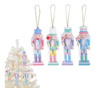 ULTECHNOVO 4Pcs Wooden Christmas Nutcracker Soldier Ornaments, 13cm / 5" Pink Candy Themed Christmas Tree Decorations, Hanging Soldier Figures in Festive Xmas Designs